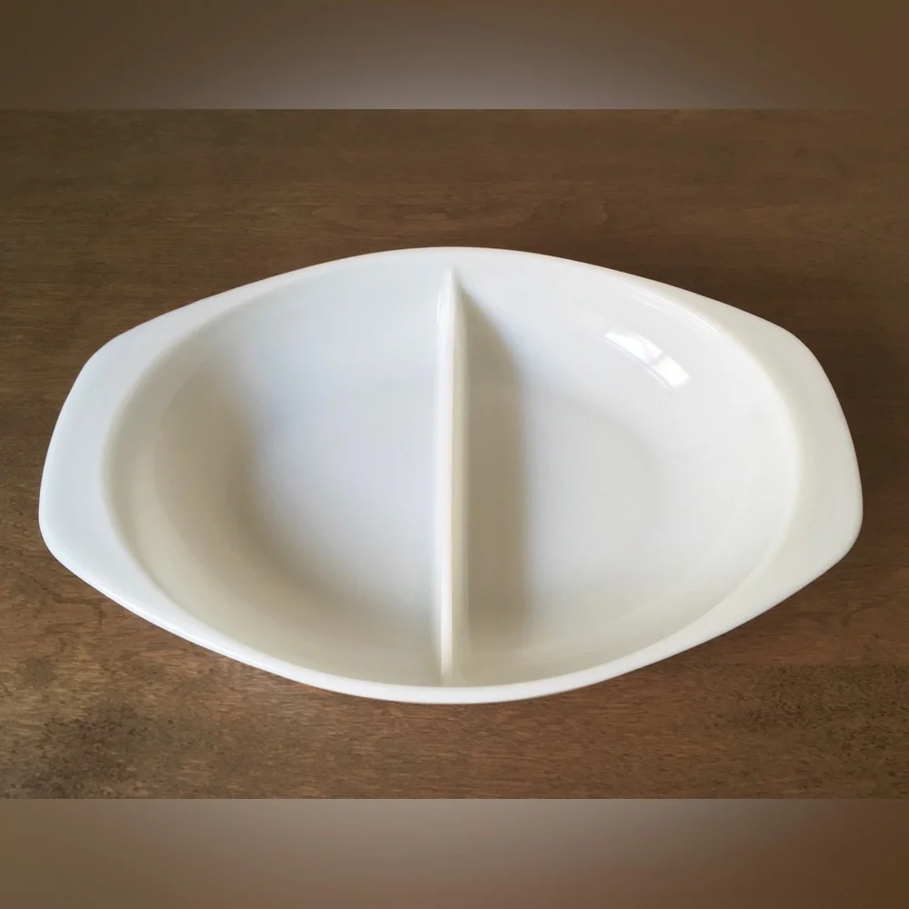 Vintage 60’s Pyrex White Oval Divided Glass Serving Dish w Handles 1063